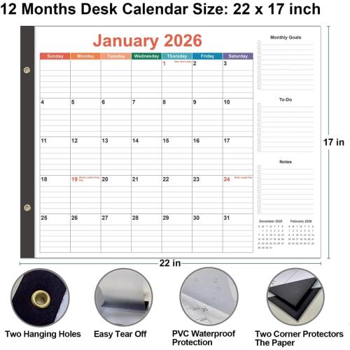 Large Desk Calendar 2026-22 x 17 Desk Calendar from January 2026 - December 2026, Desktop Pad Calendar Perfect for Planning and Organizing In Your Home, School or Office, Colorful