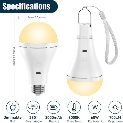 Brightown E26 Rechargeable Light Bulb with Remote and Timer, Battery Backup Bulb for Sconces and Lamps, Hanging LED Light Bulb with Hook for Camping Tent, Dimmable, 3 Color Temperatures, 2 Pack