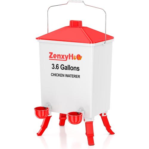 ZenxyHoC 3.6 Gal Chicken Waterer with Anti-Roost Cone, 3 Height Adjustable Locking Legs and 4 Automatic Water Cups for Backyard Flock