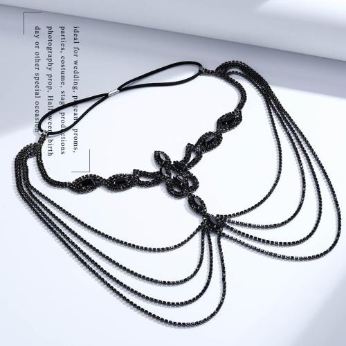 Black Crystal Flapper Head Chain Masquerade Mask Headpiece Wedding Bride Rhinestone Headbands Costume Headwear Women Hair Accessory