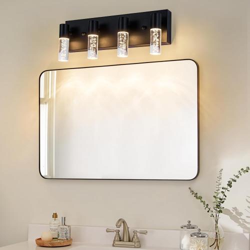Stainless steel color 4-Light LED Vanity Light Fixture  - Modern Bathroom Lighting, Over Mirror Illumination | Multicolor Temperature 3000K/4000K/6000K | Stylish Bathroom Dec