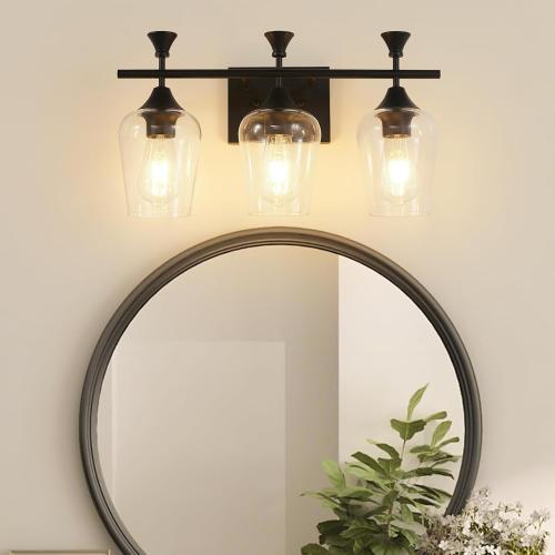 Bathroom Light Fixtures (3-Light, 19 Inch), Matte Black Vanity Lights for Bathroom with Clear Wine Glass Glass Shade, Modern Vanity Wall Lights for Mirror Bedroom Living Room Kitchen Hallway Porch