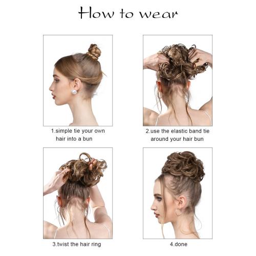 SARLA 2PCS Messy Hair Bun Hair Pieces Wavy Curly Synthetic Updo Fake Scrunchies Ponytail Extension for Women Dark Brown