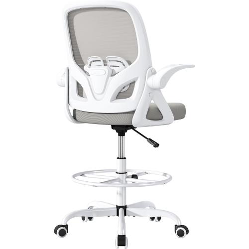 WHITE Tall Drafting Chair with Lumbar Support and Footrest Ring, Supportive Tall Extended Height Ergonomic Desk Chair for Home Work, Breathable Mesh Office Chair with Flip up Arms(Gray)
