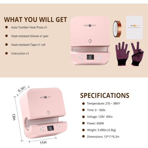 HTVRONT Auto Tumbler Heat Press Machine - Mug Heat Press Heat Up Fast & Even, Professional Tumbler Press High-Security for 2.95-3.18inch Sublimation Tumblers, Cups, Glasses and Mugs (Pink)