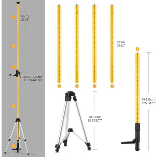 Firecore 12 Ft./3.7M Professional Laser Level Pole with Tripod and 1/4-Inch by 20-Inch Laser Mount for Rotary and Line Lasers, Adjustable Telescoping Laser Pole with 5/8-11 Threaded Adapter-FLP370C