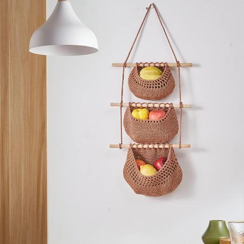 Hanging Fruit Basket, 1 Tier/3 Tier Boho Handmade Woven Wall Hanging Fruit Basket Vegetable Storage Baskets for Kitchen Home Wall Decor