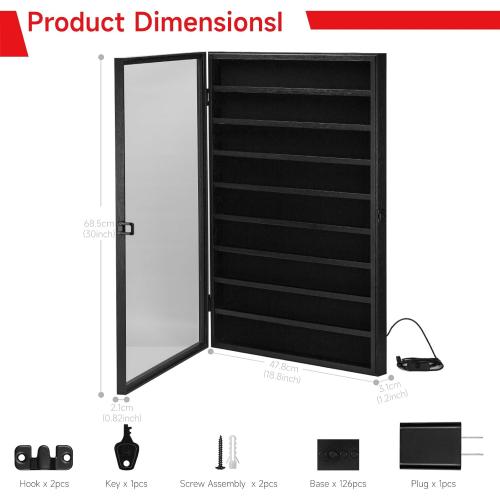 SIXPOINTS LED Minifigures Display Case-Wall Mount Miniature Action Figure Display Cabinet Holder-Holds 126 Figure Men Miniatures Collection-Lockable (Black Wood Finish)