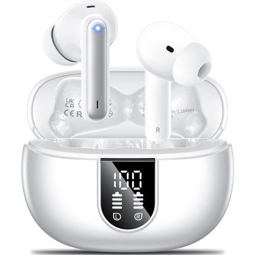 Wireless Earbuds, 2024 Wireless Headphones HiFi Stereo Earphones with 4 ENC Noise Canceling Mic, 42Hs Playtime In Ear Earbud, Bluetooth 5.3 Sport Earphones with LED Power Display for Android iOS White