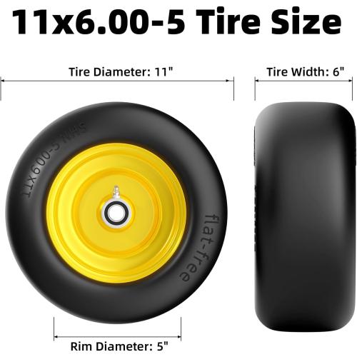 11x6.00-5 Lawn Mower Tires Flat Free, Zero Turn Mower Front Tires, 11x6-5 Solid Mower Wheel for Residential and Commercial, 3/4 and 5/8 Bearing, 6- 8 Center Hub, 2Pack Yellow, 400Lbs