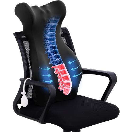 Color Black 28.7'' Extra Long Lumbar Support Pillow for Office Chair - with Neck Support & Adjustable Air Bag Lumbar Cushion for Lower Back Pain Relief, Back Cushion for Desk Chair/Home Office (Black)