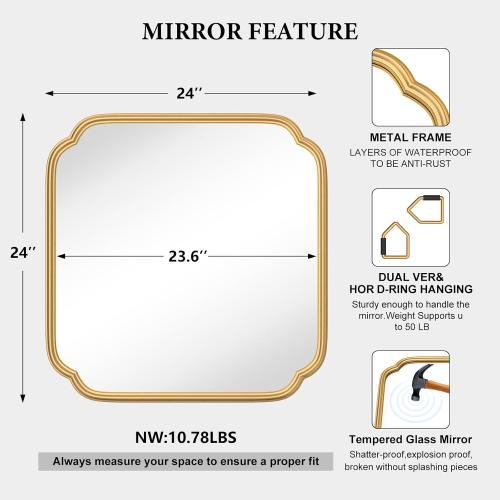 Ferytange Gold Bathroom Mirror for Wall 24 x 24 Modern Rounded Corner Square Mirror with Non-Rusting Iron Metal Framed Bathroom Vanity Mirror for Over Sink Wall Decor Horizontal/Vertical