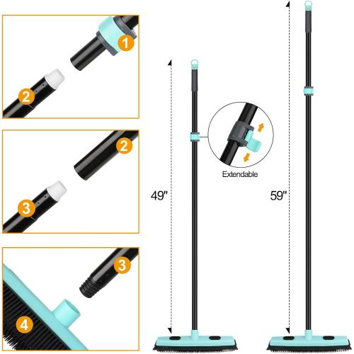 Rubber Broom Carpet Rake for Pet Hair Removal, Fur Remover Broom with 59 Telescoping Long Handle, Pet Hair Broom with Squeegee for Carpet, Hardwood Floor, Tile