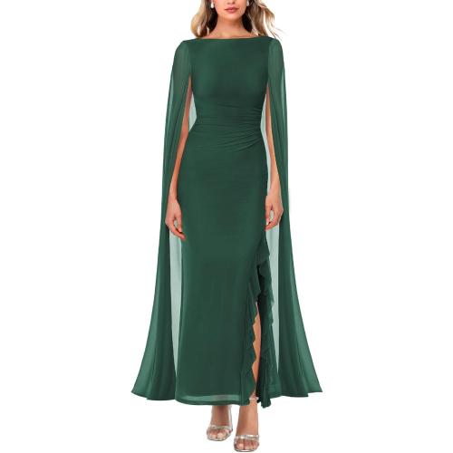 MEDIUM Lrady Women's Formal Evening Gowns High Split Ruffle Wedding Guest Cape Sleeve Cocktail Party Maxi Dresses