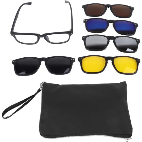 Color  Black , blue ,yellow , print grey Magnetic Clip on Sunglasses with 5 Interchangeable Clips,TR Rectangular Frame Stylish Night Driving Glasses TR Polarized Clip on Sunglasses for Women Men