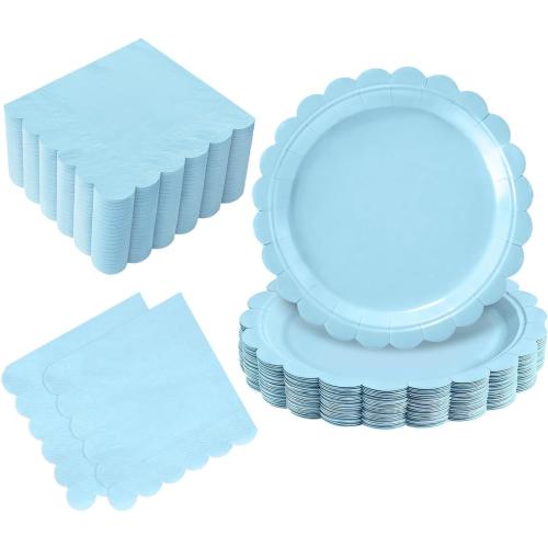 50 Pcs Light Blue Plates and Napkins Party Supplies - Blue Disposable Scalloped Paper Plates & Napkins for Baby Shower, Wedding, Birthday Party Decorations, Serves 25
