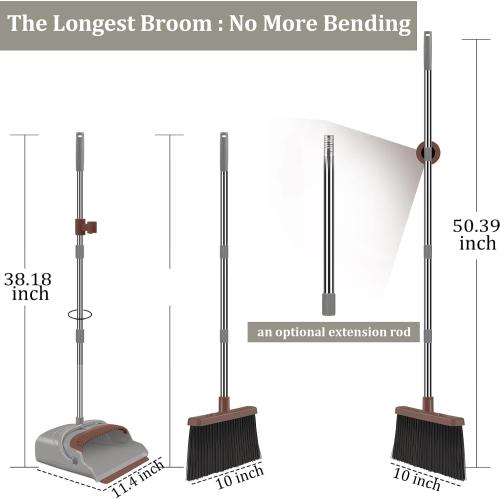 Upgrade Broom and Dustpan Set, Self-Cleaning with Dustpan Teeth, Ideal for Dog Cat Pets Home Use, Super Long Handle Upright Stand Up Broom and Dustpan Set (Brown)