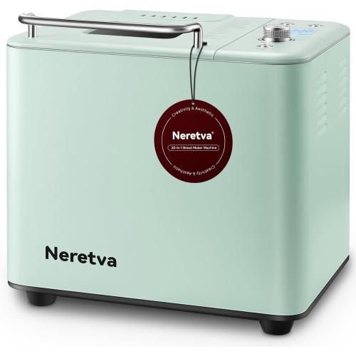 Neretva Bread Maker, 20-in-1 2LB Bread Machine Dual Heater & Nonstick Ceramic Pan Bread Makers Machine All Metal Compact for Gluten Free/Dough Maker/Meat Floss/Jam/Yogurt/Breadmaker Recipe-Light Green