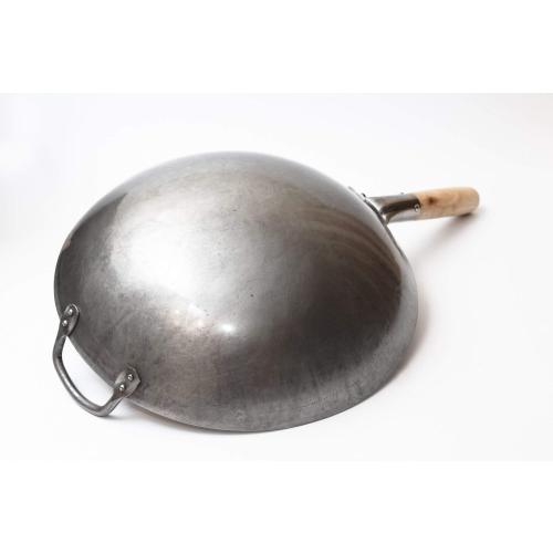 Craft Wok Traditional Hand Hammered Chinese Carbon Steel Wok with Wooden and Steel Helper Handle (14 Inch, Round Bottom Pow Wok Pan) / 731W88