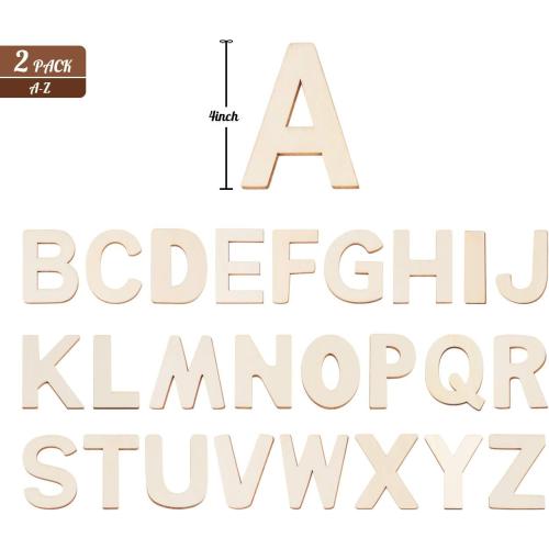 4 Wooden Letters - 52 Pcs Wood Alphabet for Crafts, Sign Decoration, Unfinished Wood for Painting/Wall Decor/Letter Board/DIY