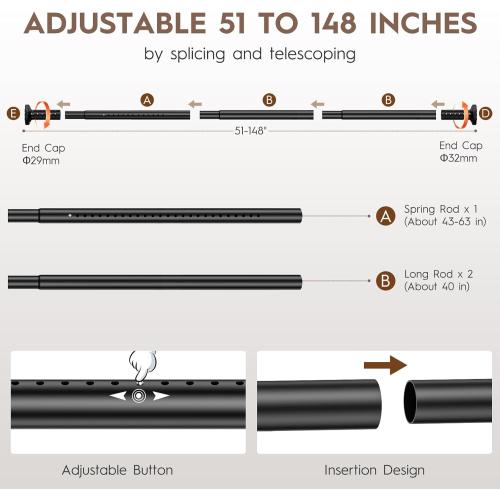 Tension Curtain Rod 51-148In (4.25-12Ft), Outdoor Curtain Rod No Drilling for Patio Window, Adjustable Spring Shower Curtain Rod for Bathroom, Never Rust, Tool-Free, Rod Diameter 1.26 In, Black