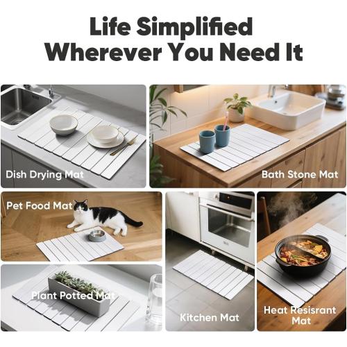 Stone Dish Drying Mat for Kitchen Counter - 24 x 16 Ultra Absorbent Diatomaceous Earth Mat, Fast Drying & Foldable Countertop Protector, Non-Slip Eco-Friendly Stone Mat for Dishes