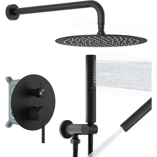 BESy Shower System with 10 Inch Round Rain Shower Head and Handheld Wall Mounted, High Pressure Rainfall Heads Shower Faucet Fixture Combo Set with 2 in 1 Spray Showerhead for Bathroom, Matte Black