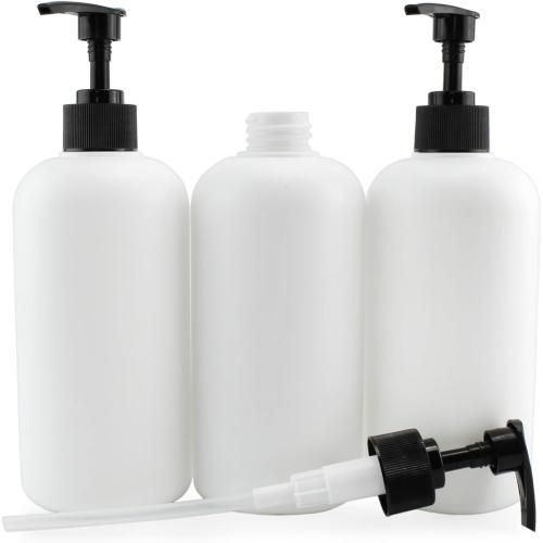 Cornucopia Brands Shower Pump Bottles (Set of 3, White); 16oz Plastic Pump Dispensers for Shampoo, Conditioner, and Body Wash