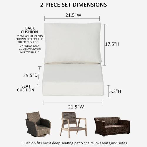 21.5x25.5 Inch Outdoor Deep Seat Cushions Set of 2,Thick High-Density Foam, Water-Resistant, Piped Edges & YKK Hidden Zipper for Patio Furniture,Almond