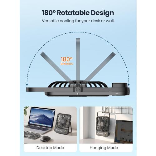 Warmco 10000mAh Portable Travel Fan 7-inch, Max 24H Runtime, Ultra-thin Quiet Rechargeable Battery Operated Desk Fan with Digital Display for Camping, Office, Bedroom, Cruise Essentials