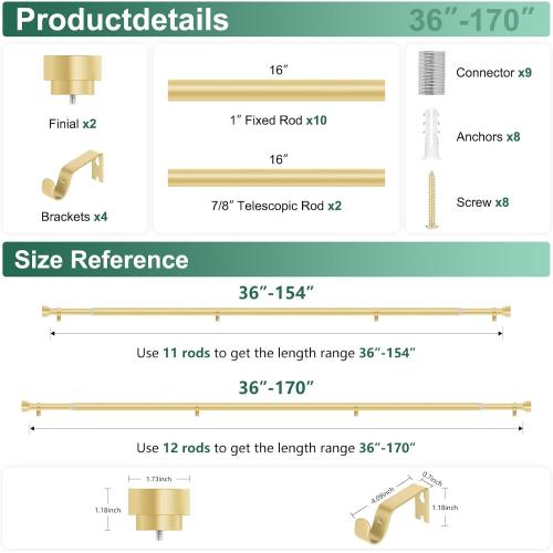 Extra Long Curtain Rods 120 to 170 Inch(10-14ft),1Inch Gold Adjustable Extra Long Curtain Rod,Heavy Duty,Decorative Window Curtains Rods for Bedroom,120-170