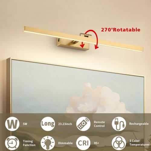 Joosenhouse Battery Operated Picture Light, Wireless Gallery Light with Remote Control and Dimmable Timer Off Function, Rechargeable Painting Art Light, 23.23 Inch Brass Wall Sconce
