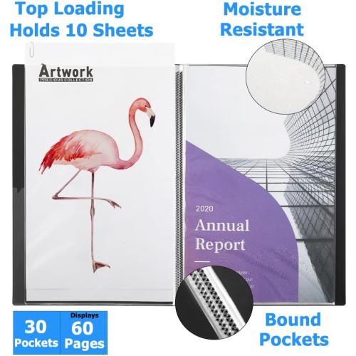 Black Sooez Heavy Duty Binder with Plastic Sleeves 18x24, Portfolio Folder with 30 Clear Sheet Protectors, Display 60 Pages, Presentation Book for Artwork, Sheet Music, Document