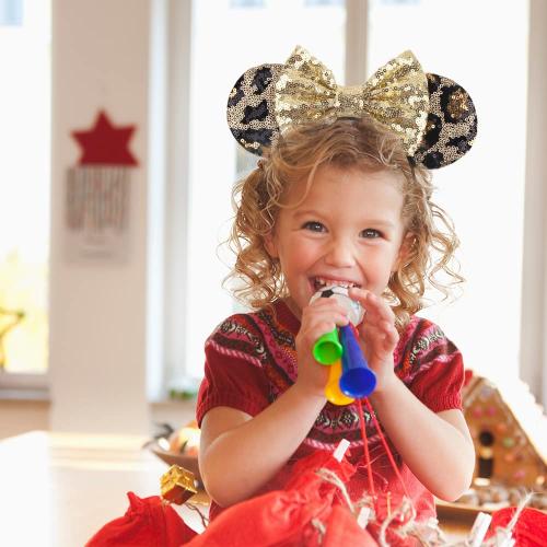 Foeran Mouse Ears Headbands Shiny Bows Mouse Ears Glitter Party Princess Decoration Cosplay Costume for Girls Women (Leopard/Gold)
