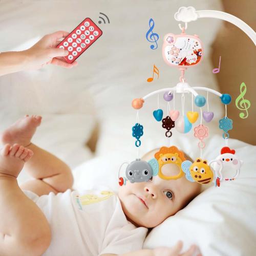 Baby Crib Mobile with Musical, Night Light & Moon Star Projector, Mobile for Crib with Remote Control Timing Function, 360° Rotation Crib Toys for Newborn Infant Boys and Girls(Pink)