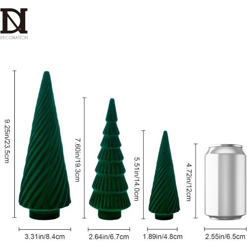 DN DECONATION Set of 3 Flocked Velvet Christmas Trees, Green Tabletop Xmas Tree Decor with Pine, Swirl & Wave Designs Mini Christmas Figurines for Mantel, Desk, Holiday Centerpiece