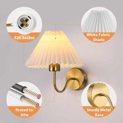 Gold Wall Sconces Sets of 2, Indoor Wall Light Fixtures with Fabric Lampshade, Pleated Fabric Wall Lamp Dresser Hardwired Lamp Wall Lighting Fixture for Bedroom Living Room Porch Dining Room