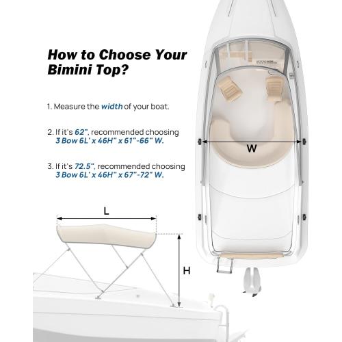 KEMIMOTO Bimini Top for Boat, Bimini Tops Cover 600D Marine Grade Canvas Boat Canopy with 6ft Length 54 in - 96 in Width 46 in Height, Includes Mounting Hardware, Straps Rear Support Poles