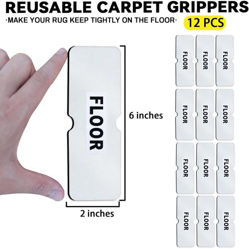 Rug Carpet Non Slip Grippers, Reusable Rug Tape Stickers Pads for Hardwood Floors and Tiles, Double Sided Carpet Grippers for Area Rugs Corners Flat, No Damaging for Floor Removable, 12Pcs