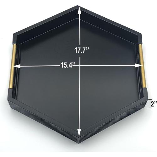 Serving Tray with Polished Metal Handles, Hexagon Coffee Table Tray, Modern Rectangle Decorative Tray, Large Ottoman Tray, Perfect for Storage and Display (Black Hexagon)