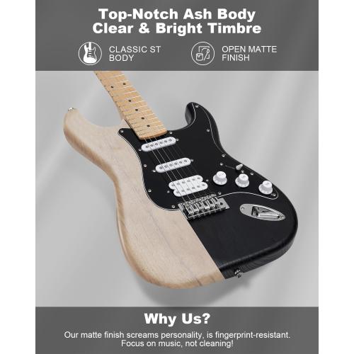 RVONE RST-150 39 Beginner Electric Guitar Kit with Amp & HSS Pickups | Complete Starter Set for Newcomers w/Essentials | Gig Bag, Extra Strings, Digital Tuner, Capo, Strap | Home Practice (Black)‼️missing pieces‼️