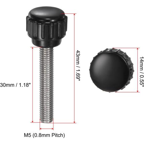 uxcell 12pcs Knurled Clamping Knobs M5 x 30mm Metric 304 Stainless Steel Male Thread Thumb Screw on Type 14mm Plastic Round Head Threaded Hand Bolt Stud Knobs Black