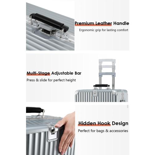 GREY 24-Inch Hardside Checked Luggage with Leather Handle, PC Zipperless Suitcase with Spinner Wheels and TSA Locks, Lightweight Checked Luggage for Travel, Silver