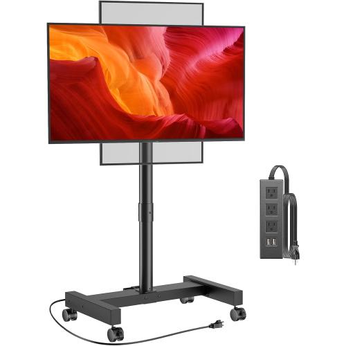 Perlegear Rolling TV Stand with Power Outlet, Tilt & Rotation TV Cart - Ideal for 26-50 Inch TVs up to 55 lbs, Featuring 8 Height Settings, Max VESA 300x300mm, PGTVMC19