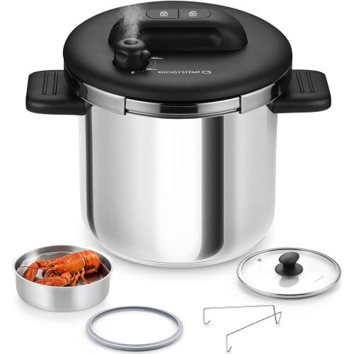 KOCH SYSTEME CS Stainless Steel Pressure Cooker 8.5QT, Olla de Presion, 18/10 Stainless Steel Pressure Cooker, Easy One-Press Lock, Stovetop Pressure Cookers, Induction Ready, Glass Lid & Steamer