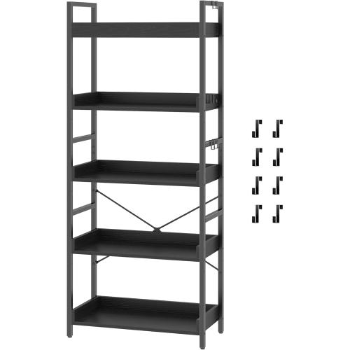 HCHQHS 5 Tier Bookshelf, Adjustable Industrial Bookcase, Vertical Tall Book Shelf, Wood and Black Metal Open Bookshelves for Home Office, Living Room, Bedroom