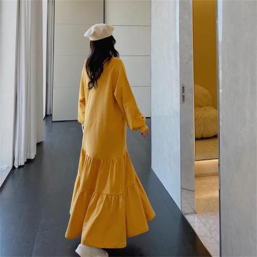 Women's 3XL Spring and Autumn Dresses Loose Cotton Solid Color Round Neck Long Sleeve Dresses