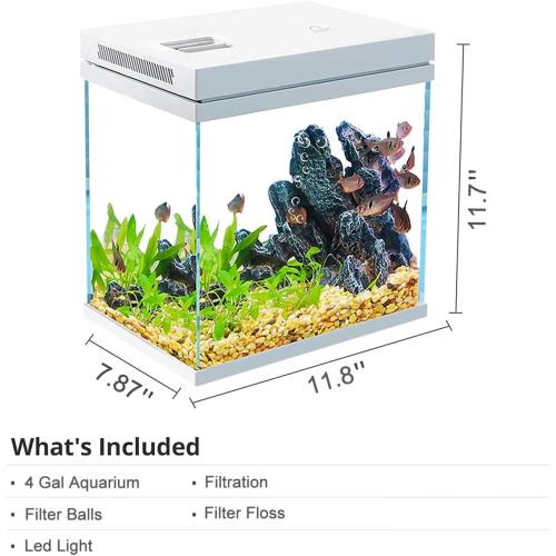 Fish Tank, 4 Gallon Nano-Aquarium, Upgrade Filter System and LED Light, for Freshwater & Marine, Filter Balls Included (4 Gal)