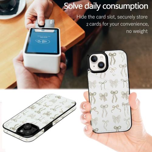 Compatible with iPhone 13/14/15 6.1 inch Case with Card Holder Soft Cute Leather Wallet Case Protective Shockproof Hard Cover for Women Girls (Pastel Ribbon Bow)