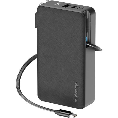 myCharge RetractaCharger 10000mAh Portable Charger Power Bank with 28-Inch Retractable USB-C Cable | Premium Fabric | Built-in Wall Plug | 30W PD Fast Charging | USB-C/A Ports | Digital Display